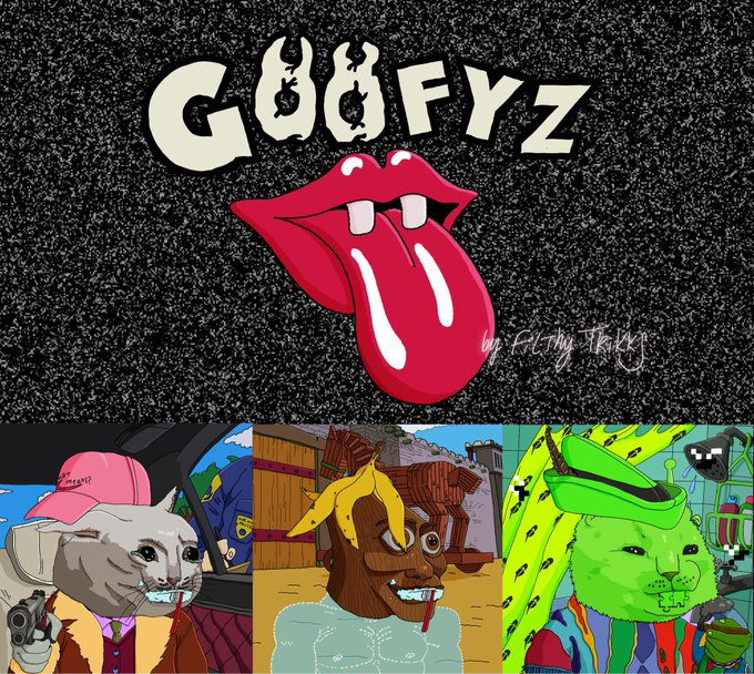 Album cover titled "GOOFYZ" by Filthy Frank, featuring the iconic tongue-and-lips logo at top and three cartoon character panels below.