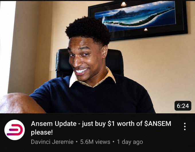 A YouTube thumbnail showing a smiling young man in a navy sweater, with the title 'Ansem Update - just buy $1 worth of $ANSEM please!' by Davinci Jeremie, 5.6M views, 1 day ago.