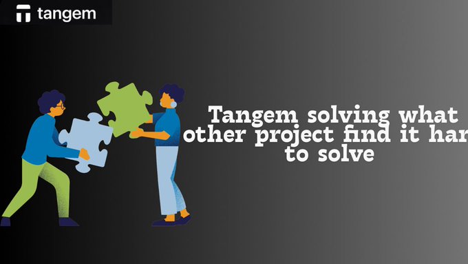 A promotional graphic for Tangem showing two illustrated figures assembling puzzle pieces, with the text 'Tangem solving what other project find it har[d] to solve'.