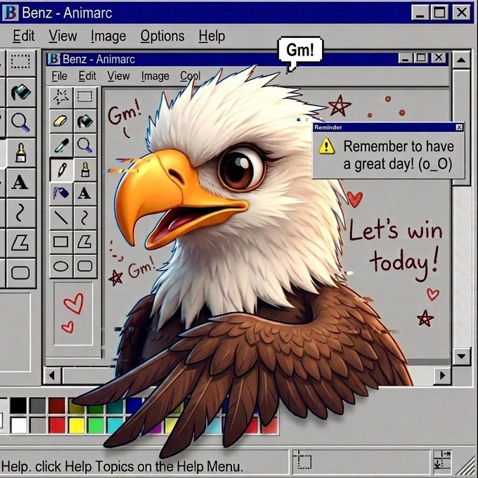 A vintage-style digital art software interface titled 'Benz - Animarc' showing an illustration of a bald eagle with the text 'Gm!' and 'Let's win today!' alongside a reminder popup saying 'Remember to have a great day! (o_O)'.