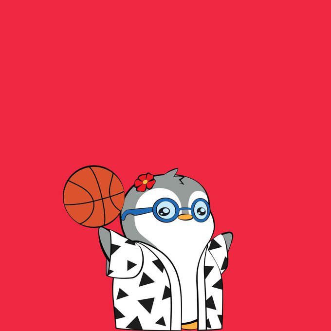 Cartoon penguin character wearing blue glasses, a black and white patterned jacket, and a red flower, holding a basketball against a red background.