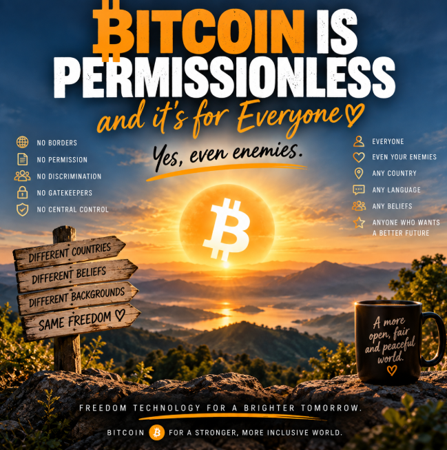A promotional graphic with the text 'BITCOIN IS PERMISSIONLESS and it's for Everyone. Yes, even enemies.' featuring bullet points like 'NO BORDERS', 'NO DISCRIMINATION', and 'NO CENTRAL CONTROL' alongside a Bitcoin logo sunset.