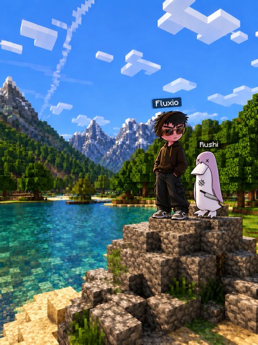 A Minecraft-style landscape showing two characters labeled 'Fluxio' (a dark-haired boy) and 'Fushi' (a white ghost-like figure) standing on a stone cliff overlooking a lake.