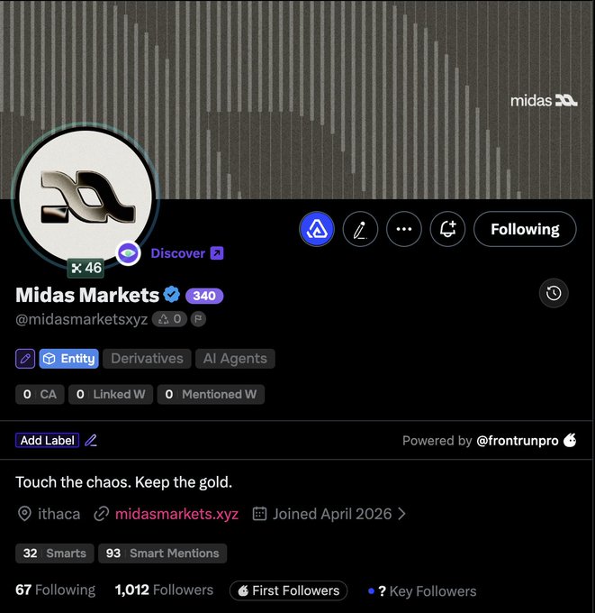 A social media profile for 'Midas Markets' (@midasmarketsxyz) on a dark theme, displaying the tagline 'Touch the chaos. Keep the gold.' and showing 1,012 followers.