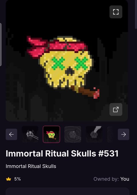 An NFT item called "Immortal Ritual Skulls #531" from the Immortal Ritual Skulls collection, showing a pixel art skull with a red bandana and green X eyes, with 5% rarity.