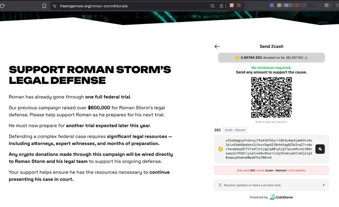 The image displays a screenshot of a computer screen showing a web page related to Roman Storm, which seems to be about legal defense or donations. It might be advertising an event like "Roman Storm's Legal Defense" or some related cause, possibly raising awareness for Roman Storm and her supporters in the future.