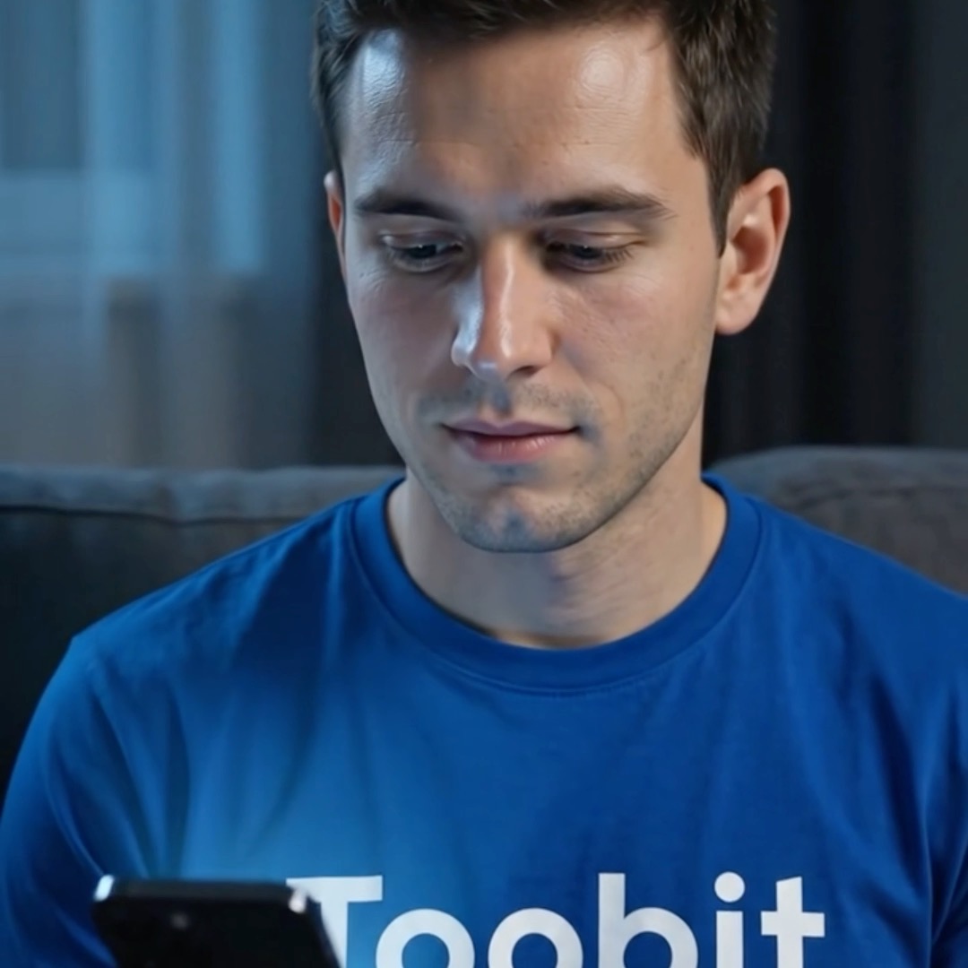 A young man in a blue "Toobit" t-shirt looks down thoughtfully at his phone, reflecting the post's invitation to explore crypto futures risk-free. The image visually reinforces Toobit's message of practicing futures trading casually before going live.