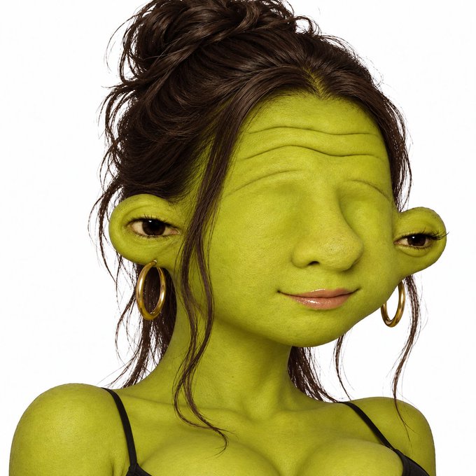 An AI-generated image depicting a young woman with green ogre-like skin and a large nose, wearing gold hoop earrings and a black top.
