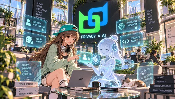An anime-style illustration showing a girl with a 'DDK' cap interacting with a holographic AI companion, surrounded by 'PRIVACY x AI' themed holographic panels.