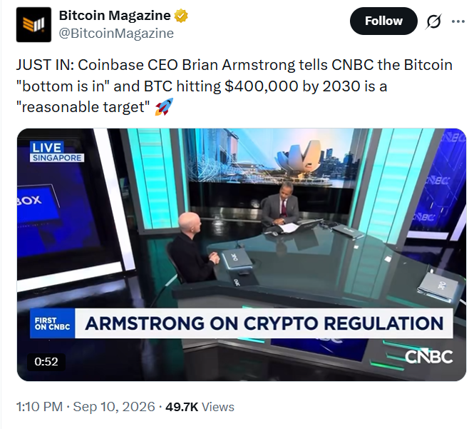A Bitcoin Magazine tweet screenshot showing a CNBC clip of Coinbase CEO Brian Armstrong, with text claiming he said the Bitcoin 'bottom is in' and BTC hitting $400,000 by 2030 is a 'reasonable target.'
