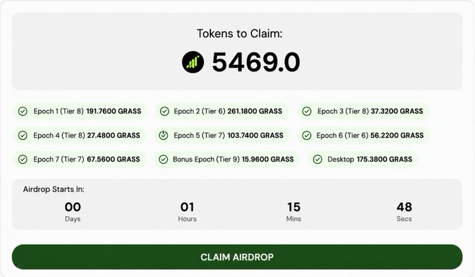 A screenshot of the Grass airdrop claim page showing 5,469.0 GRASS tokens ready to claim, broken down across 7 epochs (ranging from 37.32 to 261.18 GRASS each), plus a bonus epoch (15.96) and desktop rewards (175.38), with a countdown timer and green "CLAIM AIRDROP" button. The image illustrates the actual claimable rewards being discussed in the post about Grass Season 2 airdrop, supporting the author's point that Season 2 rewards may not follow the same conversion patterns as Season 1.