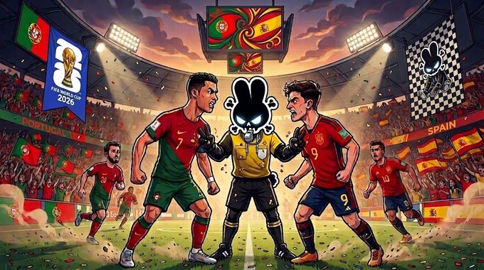 A vibrant illustration depicting Cristiano Ronaldo and a Spanish counterpart facing off on the pitch, with stadium floodlights, crowd banners featuring the Portuguese and Spanish flags, and a central scoreboard displaying Portugal vs. Spain. Notable text includes "FIFA WORLD CUP 2026," "Portugal," "Spain," and jersey numbers 7 and 9, visually reinforcing the post's "Portugal vs Spain" matchup challenge.