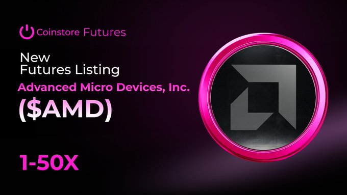 Promotional graphic announcing the new listing of $AMD (Advanced Micro Devices, Inc.) futures on Coinstore Futures, offering 1-50x leverage and featuring a stylized pink-rimmed AMD logo alongside the text "New Futures Listing."