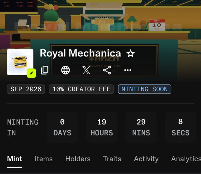 The image shows a minting page for "Royal Mechanica" displaying a countdown of 0 days, 19 hours, 29 minutes, and 8 seconds until minting, set for September 2026 with a 10% creator fee and labeled "MINTING SOON." This relates to the post's discussion about Royal Mechanica's shifting policies, including distributing GTD spots, filtering wallets, and reducing N (likely NFTs or spots), suggesting growing frustration with their changing and unclear minting rules.