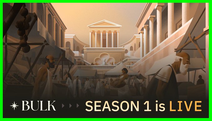 The image shows a poster for a TV show called "Bulk" with a cartoon illustration of a city scene, featuring a large building or temple surrounded by people walking around. The poster also includes text that reads "Season 1 is live", indicating that the show has been broadcasted and is currently available for viewing.