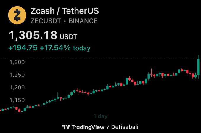 A cryptocurrency trading chart on TradingView showing Zcash / TetherUS (ZECUSDT) at 1,305.18 USDT, up +194.75 (+17.54%) today.