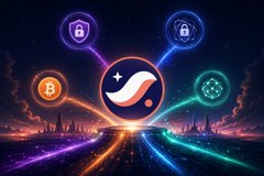 A vibrant digital illustration featuring a central 'X' logo connected by colorful light trails to crypto-themed icons including Bitcoin, NFTs, and security symbols, set against a neon cityscape.