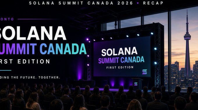 The image shows a large conference event titled "Solana Summit Canada 2026" with a stage display reading "Solana Summit Canada - First Edition" and a tagline "Building the future. Together," set against the backdrop of the Toronto skyline featuring the CN Tower at dusk. The packed auditorium of attendees relates to the post celebrating Canada's inaugural Solana Summit, highlighting the real builders and industry leaders like Fidelity, Coinbase Canada, Robinhood Canada, Kraken, and the Solana Foundation who participated in the event.