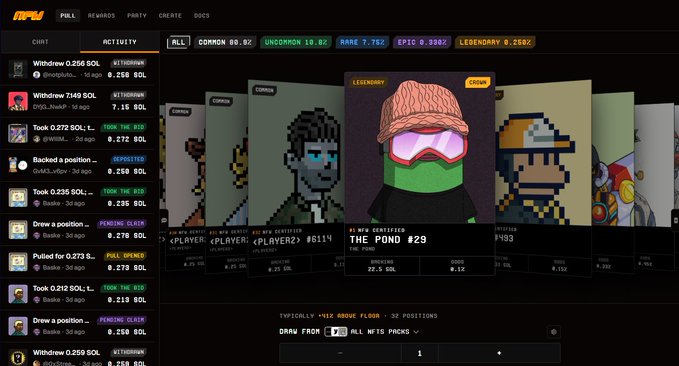 A screenshot of the NFT marketplace MNFU shows various pixel-art character cards for sale with rarity tiers like 'COMMON 80.8%', 'UNCERMON 10.8%', 'RARE 7.7%', 'EPIC 0.38%', and 'LEGENDARY 0.25%', featuring a highlighted 'THE POND #29' NFT.