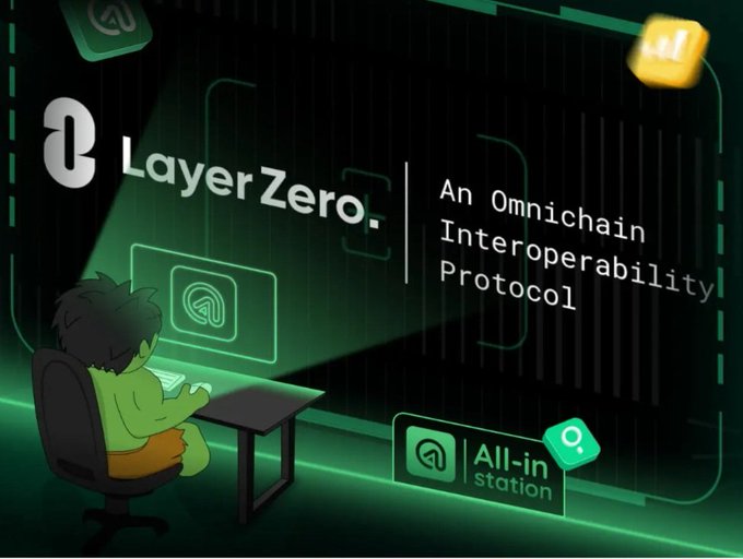 A promotional graphic for LayerZero, described as 'An Omnichain Interoperability Protocol,' featuring a cartoon figure at a computer with the 'All-in station' logo and various crypto icons.