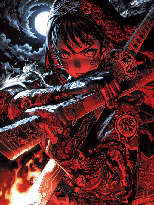 An anime-style illustration portrays a character in ornate red and black armor wielding a weapon, illuminated by firelight and a full moon.