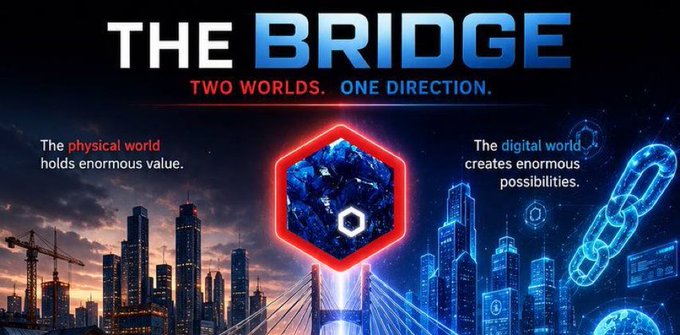 A promotional graphic titled 'THE BRIDGE' with the tagline 'TWO WORLDS. ONE DIRECTION.', showing a physical cityscape on the left ("The physical world holds enormous value.") and a digital holographic city on the right ("The digital world creates enormous possibilities.") connected by a glowing red hexagonal portal.