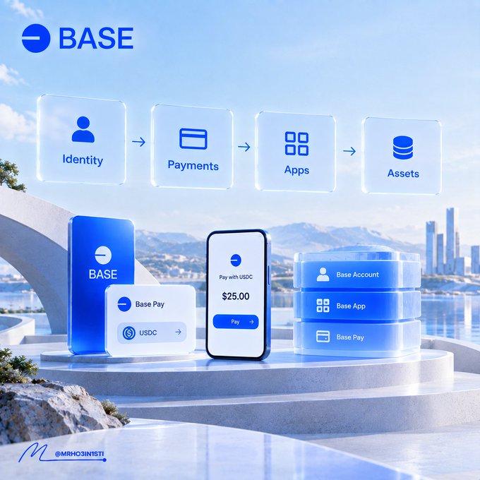 A promotional graphic for 'BASE' displaying a flow of Identity → Payments → Apps → Assets, featuring a smartphone showing 'Pay with USDC $25.00', alongside Base Pay and Base Account elements, watermarked @MIRHO3INISTI.