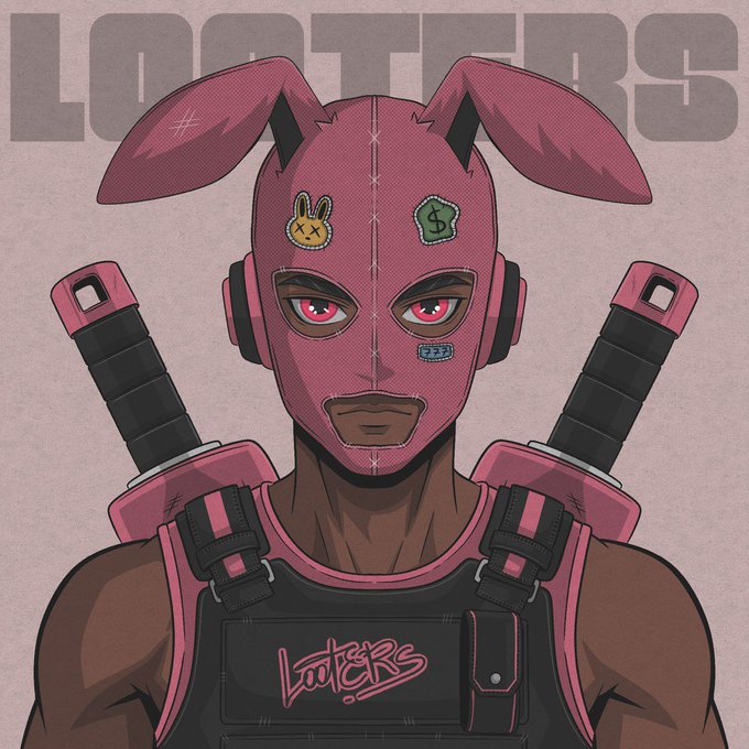 A stylized illustration of a character wearing a pink bunny-eared ski mask with bunny and dollar bill patches, set against a background with the word "LOOTERS" and matching text on a chest harness, with two swords sheathed on their back.