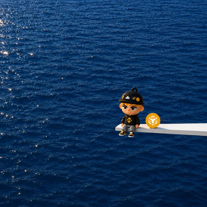 A cartoon character wearing a black cap and shirt sits on a white ledge overlooking a vast, sparkling ocean, with a golden BNB coin beside him. The scene captures a peaceful "Good Morning" moment of gazing out at the sea, perfectly matching the post's "GM, let's watch the sea together" sentiment.