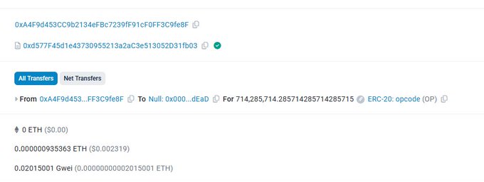 This image shows an Etherscan transaction page displaying the burning of **714,285,714.285714285714285715 Gwei** (0.02015001 Gwei) sent from address `0xA4F9d453...FF3C9fe8F` to the null address `0x000...dEaD` using the ERC-20 opcode (OP), confirming the burn transaction referenced in the accompanying post.