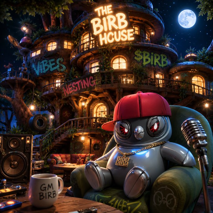 A chrome robot bird wearing a red cap and "BIRB" chain sits in a throne-like chair before a microphone, set against a brightly lit treehouse nightclub labeled "THE BIRB HOUSE" with graffiti reading "$BiRB," "ViBES," and "NESTING," directly illustrating the Moonbird Mondays event promotion at 9PM EST tonight.