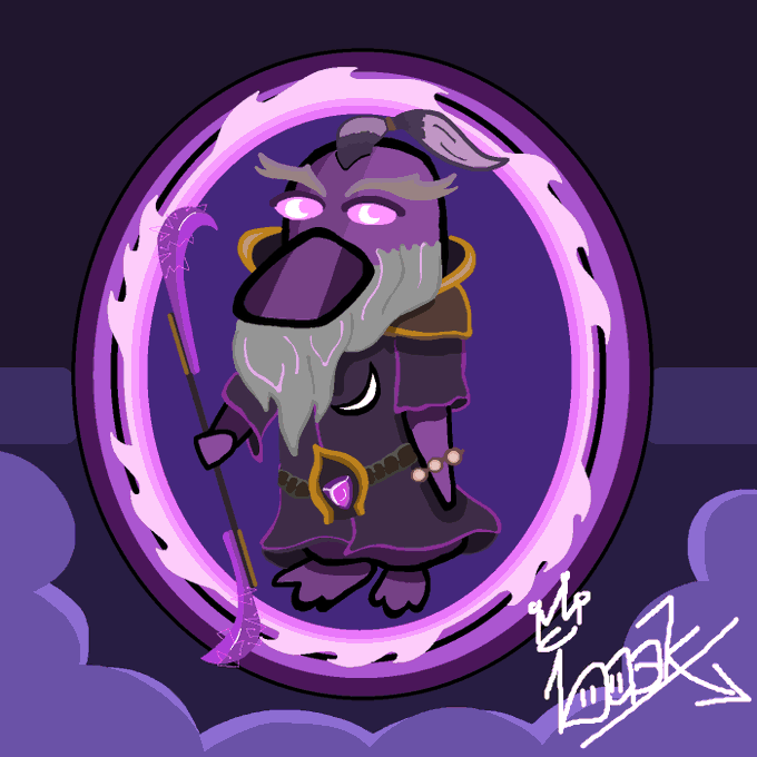 A purple-toned cartoon drawing of a wizard-like duck character holding a scythe inside a glowing portal, signed by an artist.