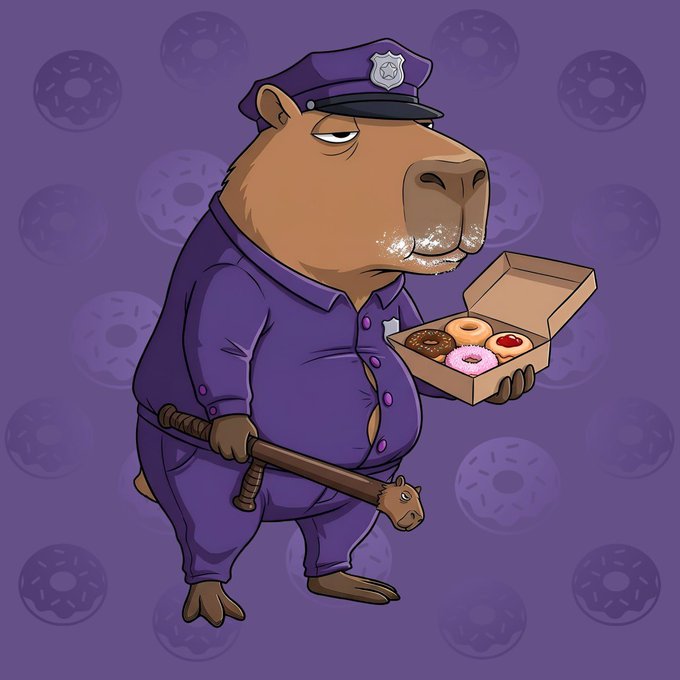 A cartoon illustration depicts a capybara dressed as a police officer in a purple uniform, holding a baton in one hand and a box of donuts in the other, set against a purple background with donut patterns.
