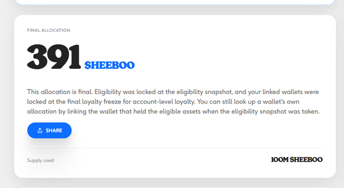 A 'FINAL ALLOCATION' screen displaying '391 SHEEBOO' out of a '100M SHEEBOO' supply.