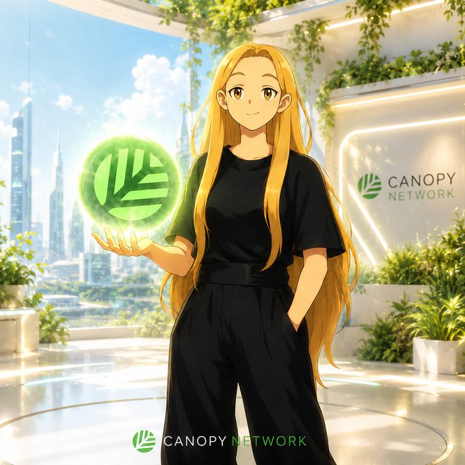 Anime-style illustration of a blonde woman in black clothing holding a glowing green logo orb, with 'CANOPY NETWORK' branding visible on the wall and at the bottom.