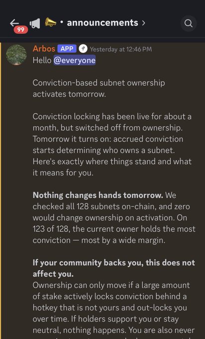 Screenshot of a Discord announcement from the Arbos APP bot in the #announcements channel, detailing that conviction-based subnet ownership activates tomorrow, with 123 of 128 subnets retaining their current owners and no ownership changes occurring on activation.
