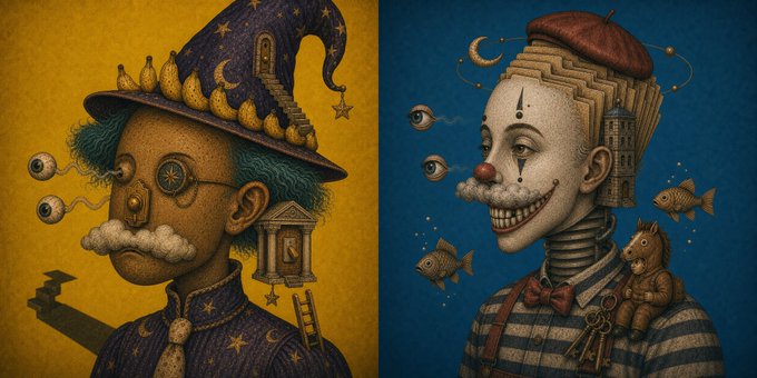 Two side-by-side surrealist illustrations of eccentric characters: one with a wizard hat, mustache, and clockwork details on a yellow background, the other a clown-like figure with floating eyes and fish on a blue background.