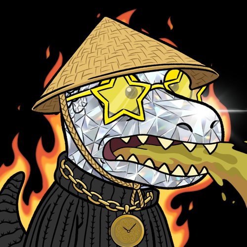 A digital illustration of a crystalline dinosaur wearing a conical Asian hat, star-shaped sunglasses, a black robe with a gold chain and medallion, breathing fire and spewing green liquid.