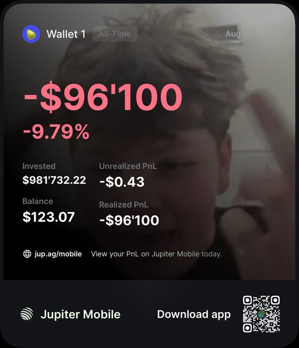 A young person makes a frustrated gesture while a Jupiter Mobile wallet dashboard displays a staggering -$96,100 (-9.79%) realized loss against an invested amount of $981,732.22, humorously validating the caption "no way this is true" with the glaring numbers.