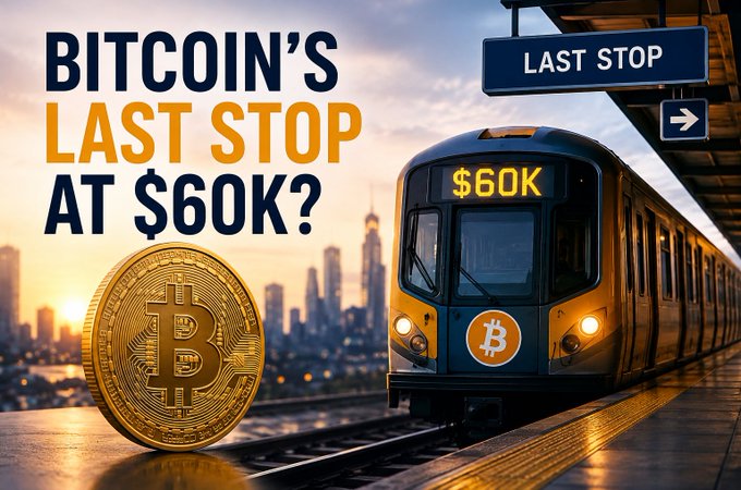 A promotional graphic featuring a subway train displaying "$60K" and Bitcoin's "B" logo arriving at a "LAST STOP" platform, alongside a large gold Bitcoin coin and the headline "BITCOIN'S LAST STOP AT $60K?" — visually reinforcing the post's argument that $60K may be Bitcoin's final low price point before continued upward movement as the asset matures beyond pure hype into real value.