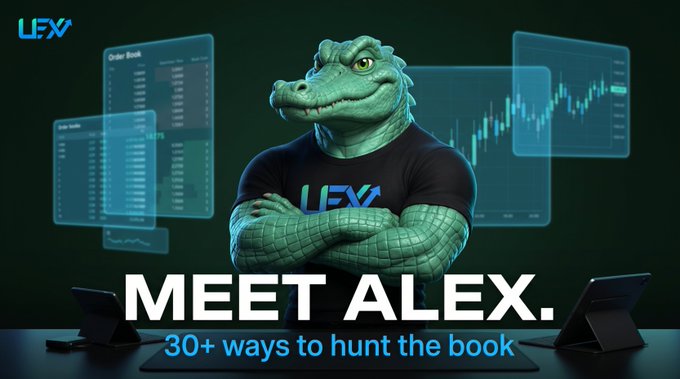 LEX marketing image introducing their mascot 'Alex,' an alligator wearing a LEX t-shirt, with the tagline 'MEET ALEX. 30+ ways to hunt the book.'