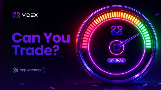 A neon-styled promotional graphic for 'VDEX' asking 'Can You Trade?' featuring a colorful speedometer dial indicating 'Win Rate' at app.vdextrade.