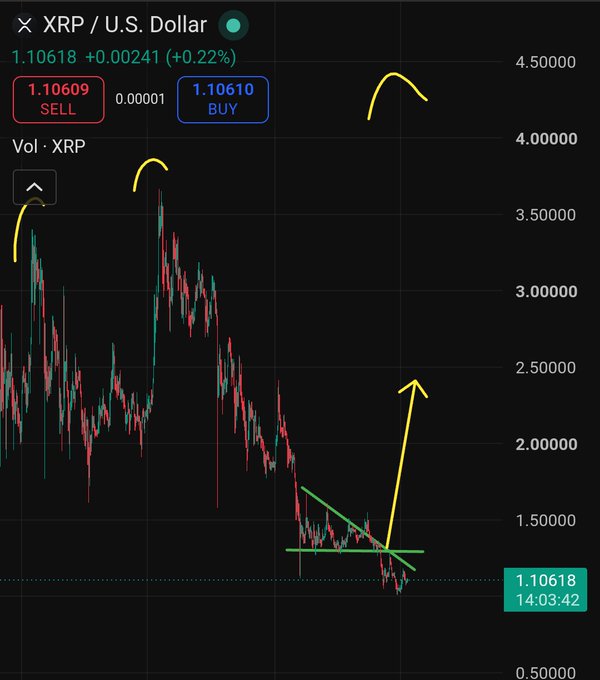 The XRP/US Dollar chart shows a downward trend, with drawn lines indicating a potential upcoming price surge. The accompanying post references this chart, discussing a "crucial level" break and a target of $0.8 and then $10 XRP.