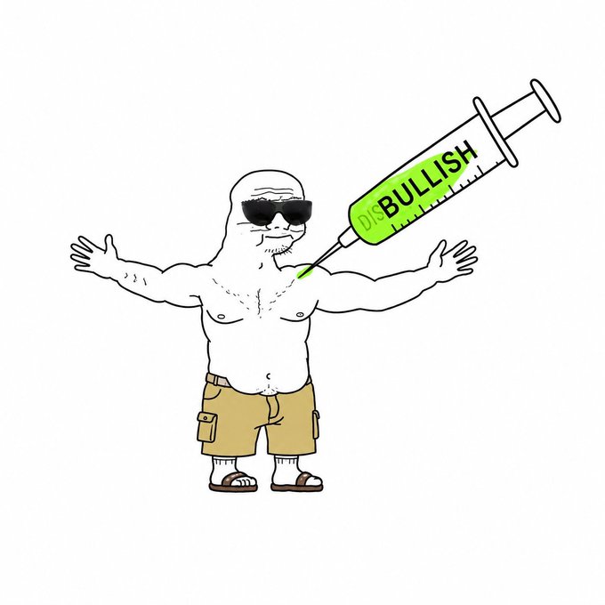 A cartoon drawing of a muscular, bald man wearing sunglasses and khaki shorts, with his arms outstretched as a large syringe labeled 'BULLISH' is injected into his chest.