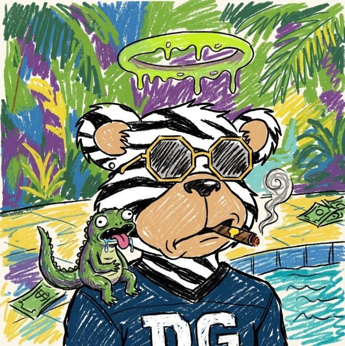 A colorful cartoon illustration of a zebra wearing octagonal sunglasses, smoking a cigar, with a green lizard on its shoulder, a glowing halo above its head, and 'DG' on its shirt, set against a tropical pool scene.