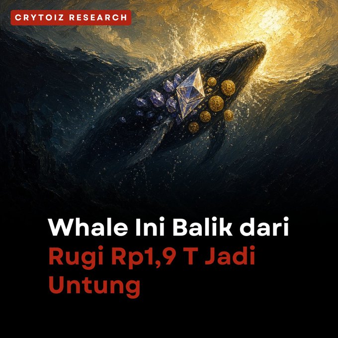 A promotional graphic from 'CRYTOIZ RESEARCH' showing an artistic painting of a whale carrying an Ethereum logo, with the Indonesian text 'Whale Ini Balik dari Rugi Rp1,9 T Jadi Untung'.