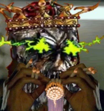 A distorted, edited image resembling a Malenia boss from Elden Ring, featuring clawed hands, glowing green eyes, and a crown-like headpiece.