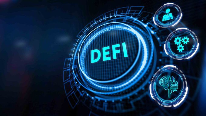 A digital graphic featuring the word "DEFI" in a glowing blue tech-style circle, surrounded by icons representing users, settings, and AI/technology.