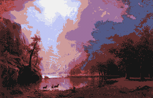 A pixel art landscape showing a sunset over mountains and trees with grazing animals, followed by a dithered color palette and lighting test.