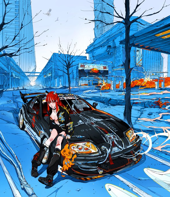 An anime-style illustration depicts a red-haired girl in a black outfit sitting on a modified black sports car with exposed engine parts, set against a blue-toned urban street scene with explosions.